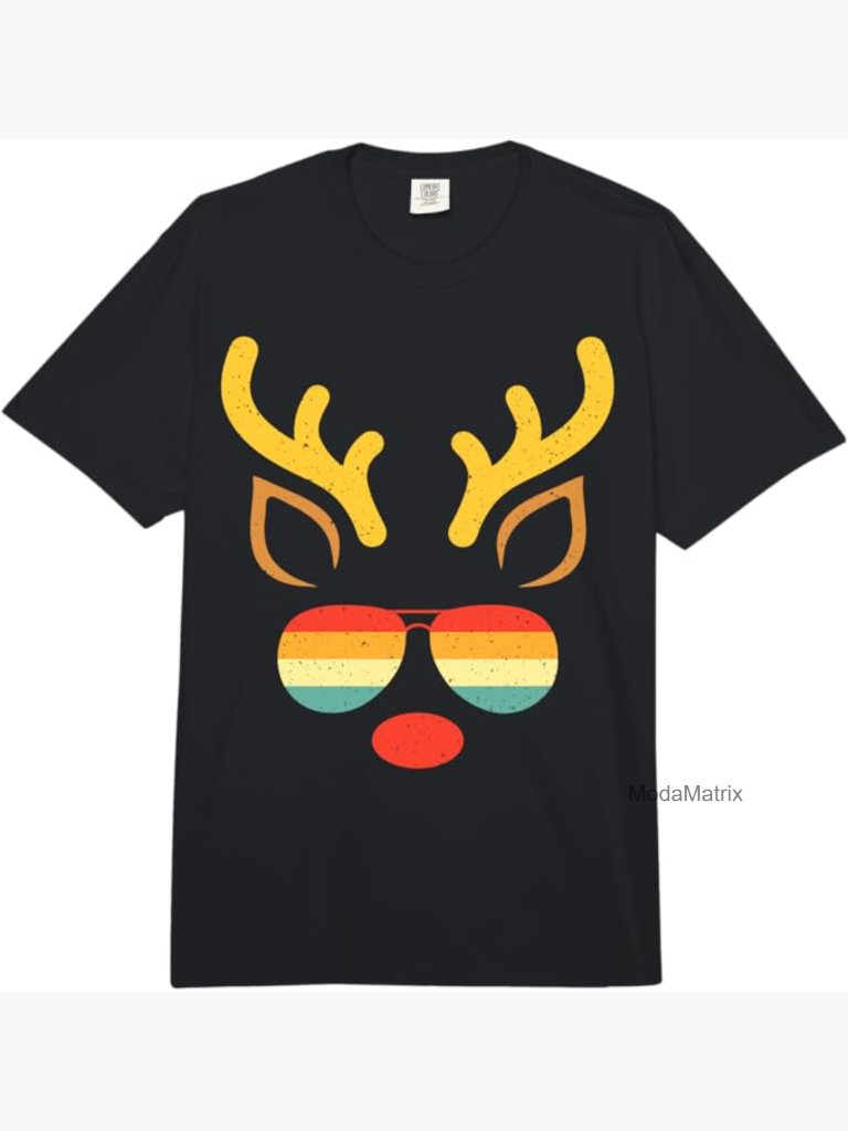 Heavyweight Cotton T-Shirt, Retro Sunset Christmas Reindeer